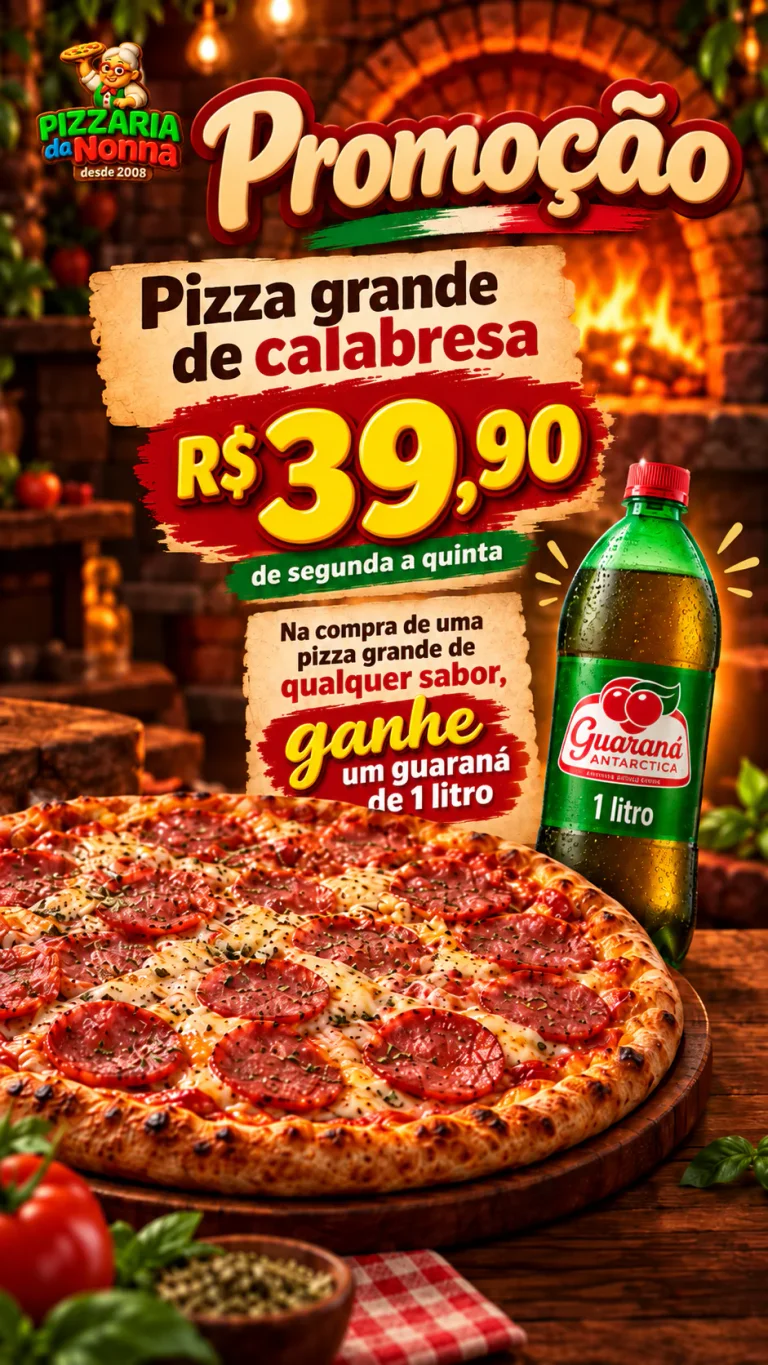 Promoções da Pizzaria da Nonna: pizza grande de calabresa por R$ 39,90 e guaraná de 1 litro de brinde na compra de uma pizza grande